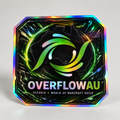 A square holographic sticker or patch featuring the Overwatchau Oceania World of Warcraft Guild logo, with a black background, multicolor iridescent border, and white text at the bottom.