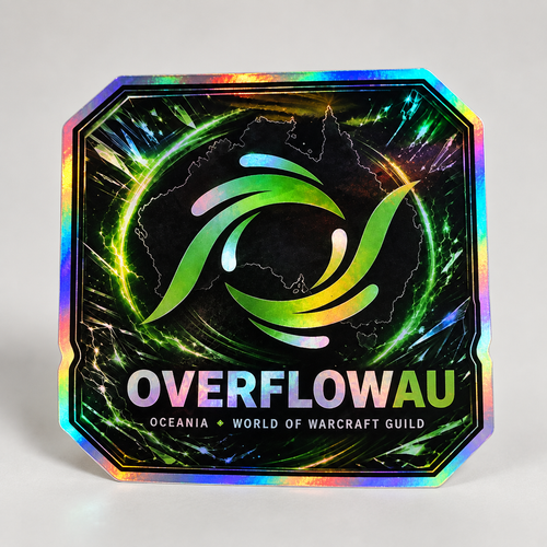 A square holographic sticker or patch featuring the Overwatchau Oceania World of Warcraft Guild logo, with a black background, multicolor iridescent border, and white text at the bottom.